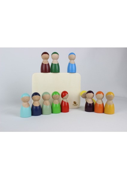 Aliwooden Ahşap Waldorf Gökkuşağı İnsan Figürleri 12'li Set – El Yapımı, Güvenli Boya, Renk ve Sayı Öğreten Eğitici Oyuncak