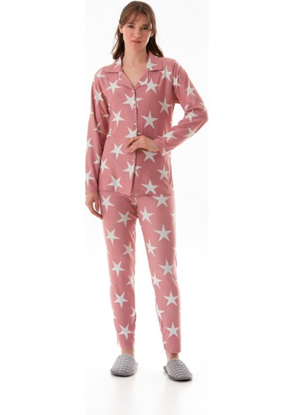 Yıldız Desenli Gömlek Yaka Süet Pijama Takımı