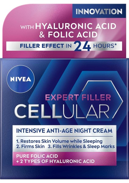 Nıvea Cellular Expert Filler Yoğun Gece Yüz Bakım Kremi 50 Ml, Hyaluronik Asit ve Folik Asit