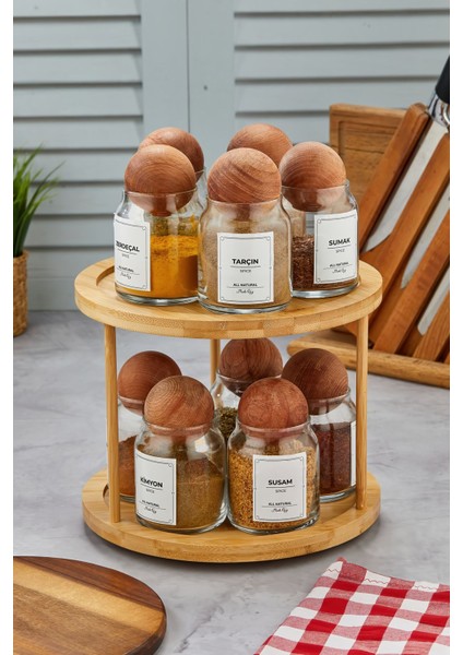 10'lu Ahşap Kapaklı Döner Bambu Standlı Cam Baharatlık Seti 300 ml