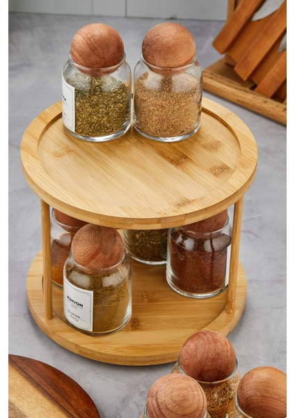 10'lu Ahşap Kapaklı Döner Bambu Standlı Cam Baharatlık Seti 300 ml fiyatları