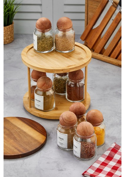 10'lu Ahşap Kapaklı Döner Bambu Standlı Cam Baharatlık Seti 300 ml modelleri