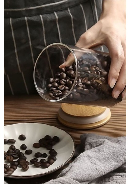 2'li 450 ml Bambu Kapaklı ve Kaşıklı Hava Geçirmez Kavanoz, Kahve, Şeker, Baharat modelleri