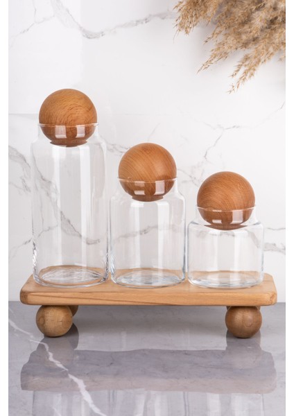 3'lü Ahşap Top Kapaklı Cam Kavanoz Seti, Şekerlik, Çerezlik, Baharatlık ve Saklama Kabı