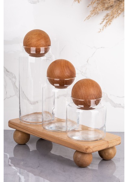 3'lü Ahşap Top Kapaklı Cam Kavanoz Seti, Şekerlik, Çerezlik, Baharatlık ve Saklama Kabı fiyatları