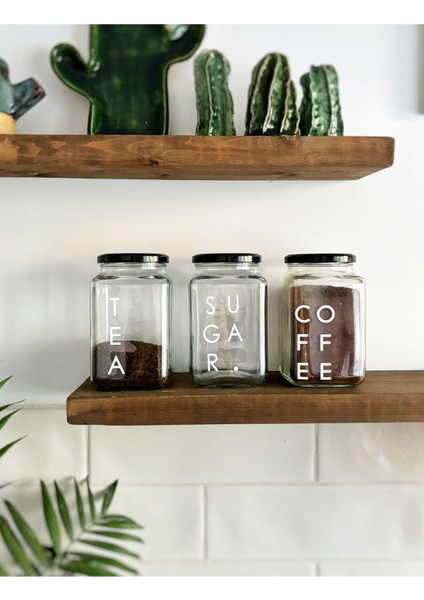 3’lü 1000 ml Cam Saklama Kabı Seti, Şeker, Kahve, Çay Etiketli, Şık ve Kullanışlı