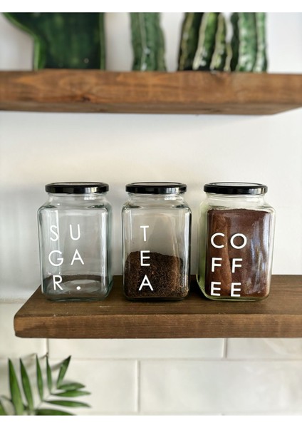 3’lü 1000 ml Cam Saklama Kabı Seti, Şeker, Kahve, Çay Etiketli, Şık ve Kullanışlı