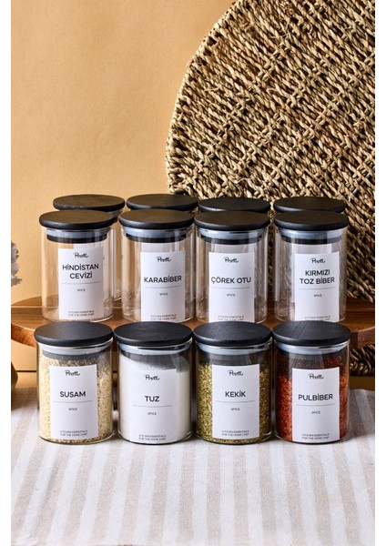 Siyah Ahşap Kapaklı Borosilikat Cam Baharatlık Seti 200 Ml, 30 Adet, Etiketli