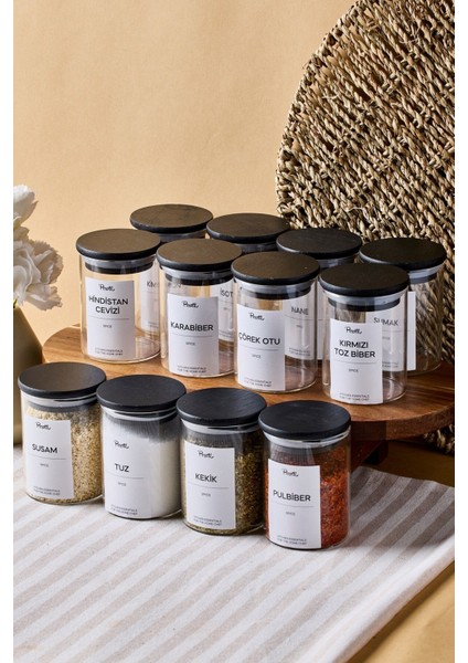 Siyah Ahşap Kapaklı Borosilikat Cam Baharatlık Seti 200 Ml, 30 Adet, Etiketli modelleri