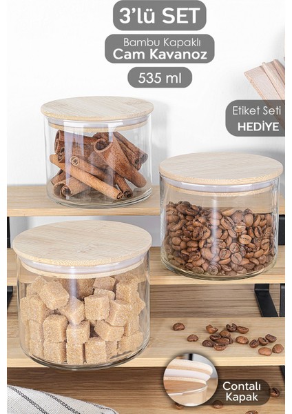 3'lü 535 ml Bambu Kapaklı Cam Saklama Kabı Seti, Vakumlu, Etiketli, Şık ve Kullanışlı