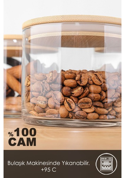 3'lü 535 ml Bambu Kapaklı Cam Saklama Kabı Seti, Vakumlu, Etiketli, Şık ve Kullanışlı