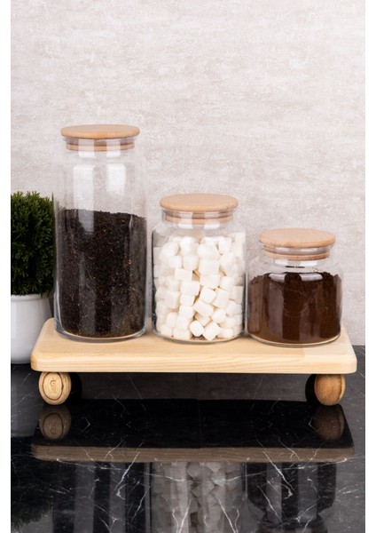 3'lü Cam Kavanoz Seti Ahşap Stantlı Vakum Kapaklı Saklama Kabı 1300-800-500 ml