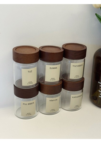 6'lı Ahşap Görünümlü Cam Baharat Kavanoz Seti, Şık ve Kullanışlı Düzen Sağlar