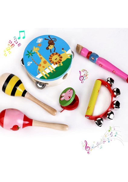 Çocuk Müzik Seti 6'lı, Ahşap Marakas, El Zili, Nota Fülüt, El Davulu, Kastanyet