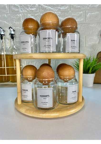10'lu Kapaklı 300ML Cam Kavanoz Baharat Saklama Seti, Döner Stantlı, Şık ve Pratik