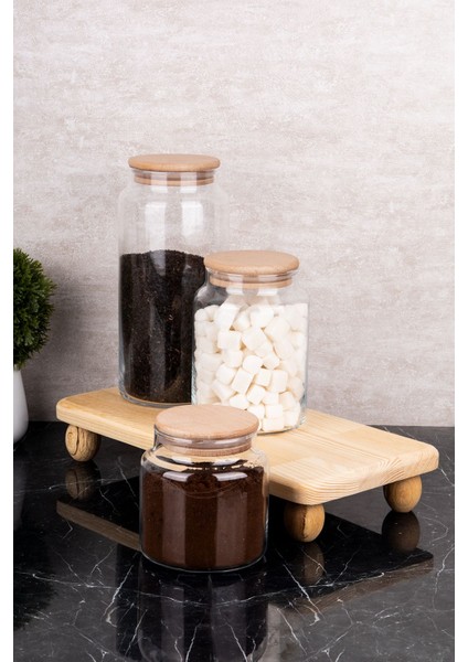 3'lü Cam Kavanoz Seti Ahşap Stantlı Vakum Kapaklı Saklama Kabı 1300-800-500 ml modelleri