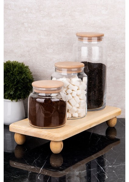 3'lü Cam Kavanoz Seti Ahşap Stantlı Vakum Kapaklı Saklama Kabı 1300-800-500 ml fırsatları