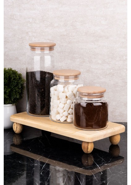 3'lü Cam Kavanoz Seti Ahşap Stantlı Vakum Kapaklı Saklama Kabı 1300-800-500 ml indirimleri