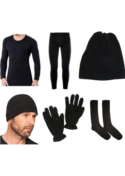 Termal Içlik Takım-Polar Bere,boyunluk-Eldiven-Kışlık Çorap(1çift) Askeri Malzeme Seti-Siyah