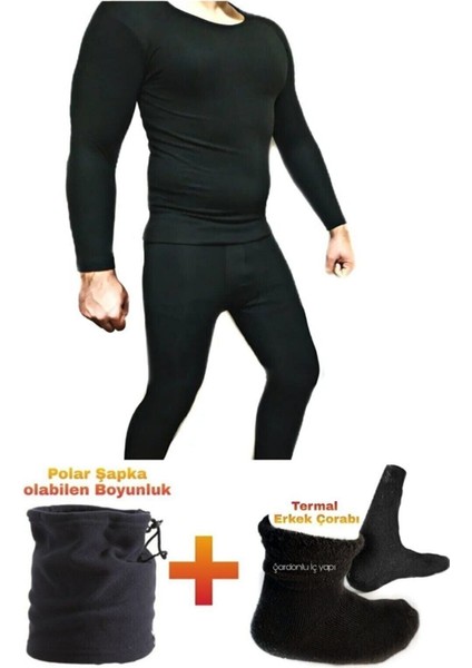 4'lü Set Erkek Termal Set Termal Içlik Termal Tişört Termal Çorap Polar Bere