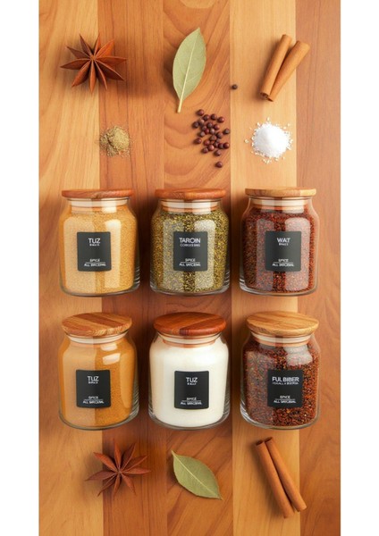 6’lı Vakumlu Ahşap Kapaklı Cam Baharatlık Seti 300 ml