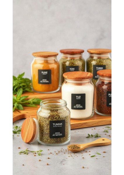 6’lı Vakumlu Ahşap Kapaklı Cam Baharatlık Seti 300 ml fiyatları