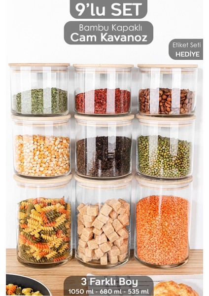 9'lu Bambu Kapaklı Cam Saklama Kabı Seti, Etiketli, Vakumlu, 3 Farklı Büyüklük (535-680-1050ML)