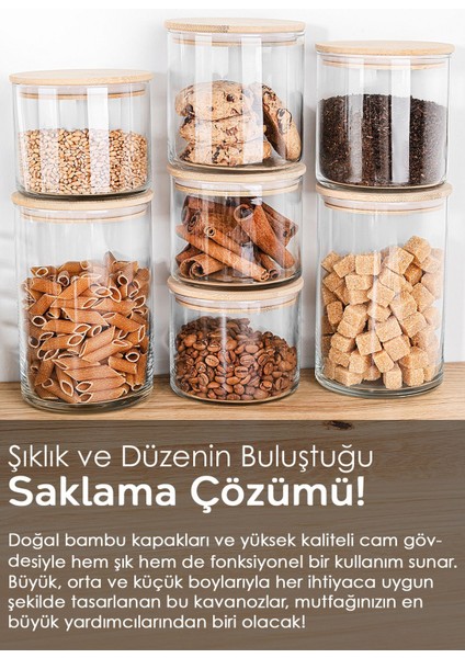 9'lu Bambu Kapaklı Cam Saklama Kabı Seti, Etiketli, Vakumlu, 3 Farklı Büyüklük (535-680-1050ML) indirimleri