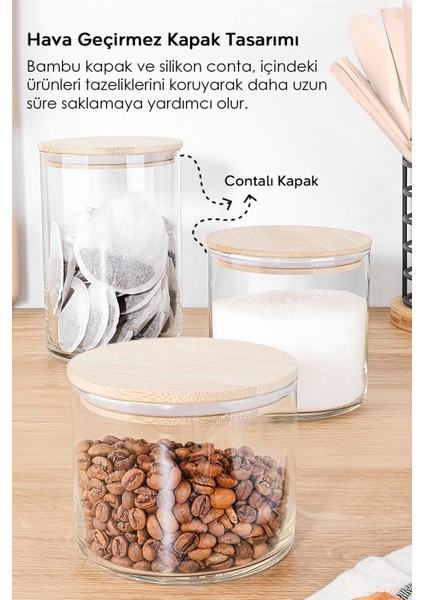9'lu Bambu Kapaklı Cam Saklama Kabı Seti, Etiketli, Vakumlu, 3 Farklı Büyüklük (535-680-1050ML)