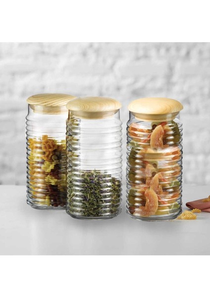 Şık Ahşap Kapaklı 3'lü Orta Boy Cam Kavanoz Seti, Beyaz