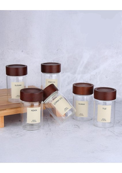6'lı Cam Baharat Kavanozu Seti, Etiketli, 240ML, Akasya Kapaklı, Şık ve Fonksiyonel