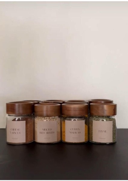 6'lı Cam Baharat Kavanozu Seti, Etiketli, 240ML, Akasya Kapaklı, Şık ve Fonksiyonel