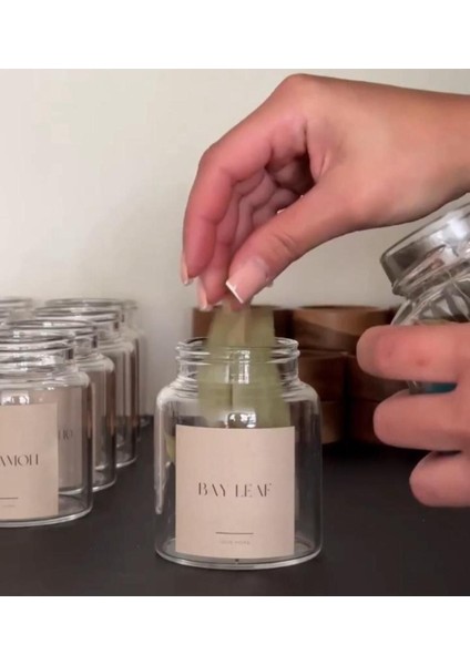 6'lı Cam Baharat Kavanozu Seti, Etiketli, 240ML, Akasya Kapaklı, Şık ve Fonksiyonel