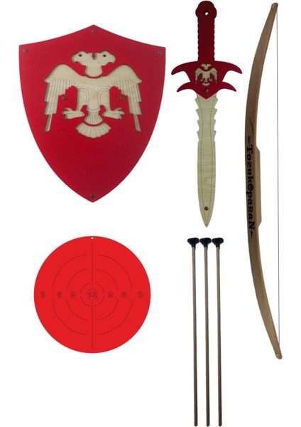 Ahşap 4'lü Oyuncak Seti, Selçuklu Temalı, Doğal Gürgen Ok, Kalkan ve Kılıç ile Oyun Keyfi