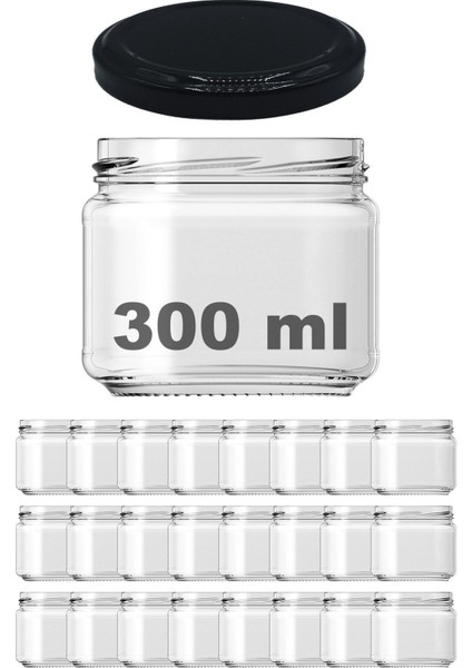 Şeffaf Cam Kavanoz 300 Ml, Siyah Metal Kapak, 24 Adet