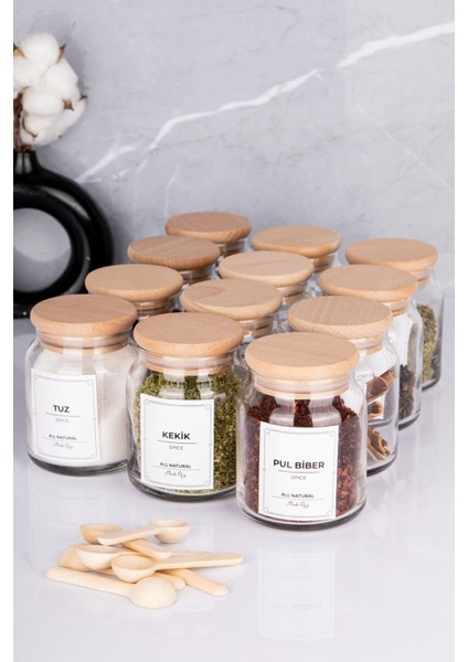 Ahşap Kapaklı 300 ml 12 Kavanoz ve 12 Mini Baharat Kaşığı, 24 Parça Set