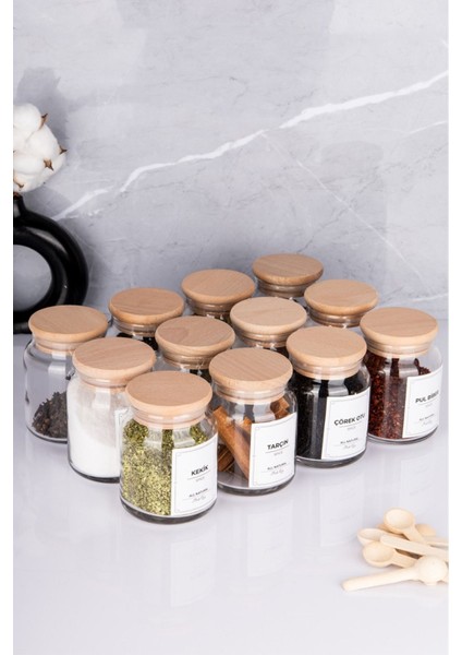 Ahşap Kapaklı 300 ml 12 Kavanoz ve 12 Mini Baharat Kaşığı, 24 Parça Set modelleri