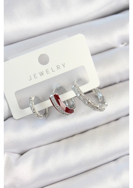 Pirinç Zirkon Taşlı Bordo Pembe Halka Model Gümüş Renk 3 Lü Çift Kadın Küpe Set