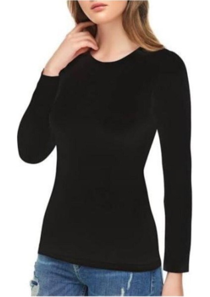 Kadın Siyah Pamuk Lycra Uzun Kol Badi