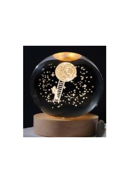 Dekoratif Merdiven Astronot Tasarımlı Ahşap Altlıklı Işıklı Cam Küre Büyük Boy Cam:8cm Ahşap:2cm