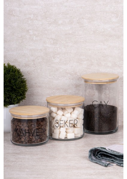 3'lü Bambu Kapaklı Cam Kavanoz Seti Şeffaf Etiketli Çok Amaçlı Saklama Kapları