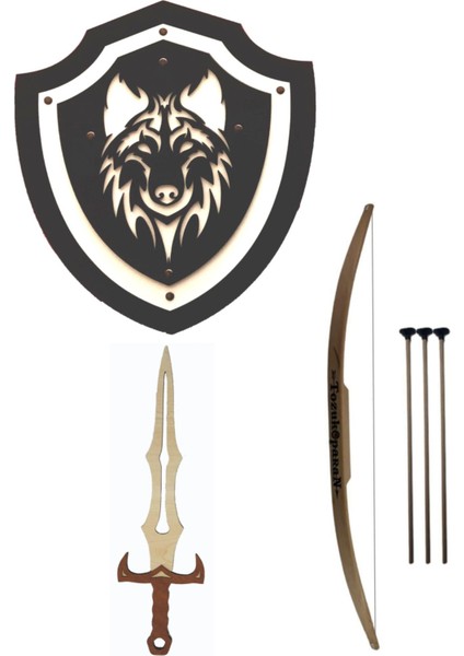 Ahşap Oyuncak Seti 3'lü, Kılıç, Kalkan, Ok ve Yay, Siyah Renkli, Eğlenceli ve Güvenli