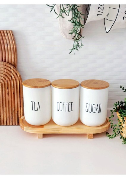 Ahşap Ayaklı 3'lü Cam Kavanoz Seti, Çay, Kahve, Şeker, 1000 Ml, Beyaz