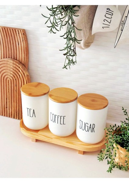 Ahşap Ayaklı 3'lü Cam Kavanoz Seti, Çay, Kahve, Şeker, 1000 Ml, Beyaz fiyatları