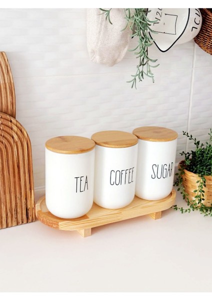 Ahşap Ayaklı 3'lü Cam Kavanoz Seti, Çay, Kahve, Şeker, 1000 Ml, Beyaz modelleri