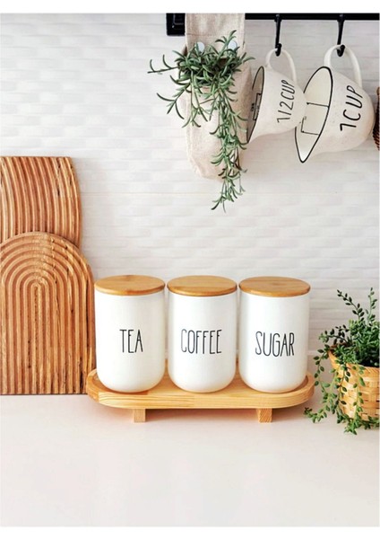 Ahşap Ayaklı 3'lü Cam Kavanoz Seti, Çay, Kahve, Şeker, 1000 Ml, Beyaz fırsatları