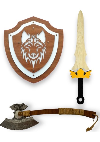 Ahşap Set: Balta, Kalkan ve Kılıç, Kahverengi Renk, Eğlenceli Oyun Aksesuarı