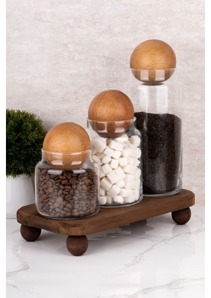 Doğal Ahşap Stantlı 3'lü Cam Kavanoz Seti, Top Kapağı, 3 Farklı Boy (1300-800-500 Ml)