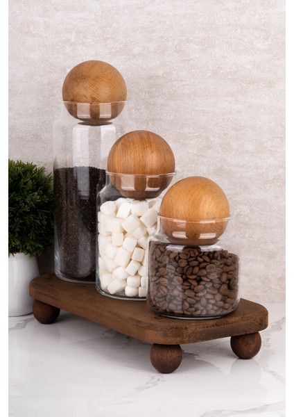 Doğal Ahşap Stantlı 3'lü Cam Kavanoz Seti, Top Kapağı, 3 Farklı Boy (1300-800-500 Ml)
