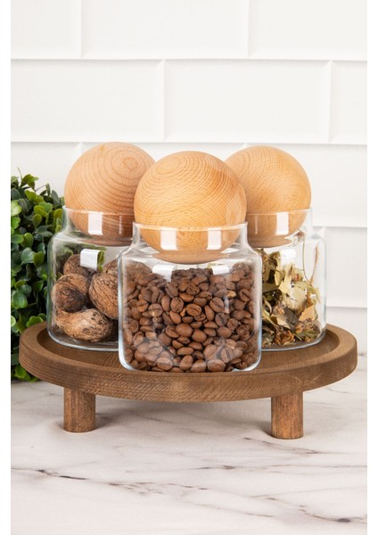 Turuncu 3'lü Ahşap Top Kapaklı Cam Saklama ve Ayaklı Kavanoz Seti 500 ml